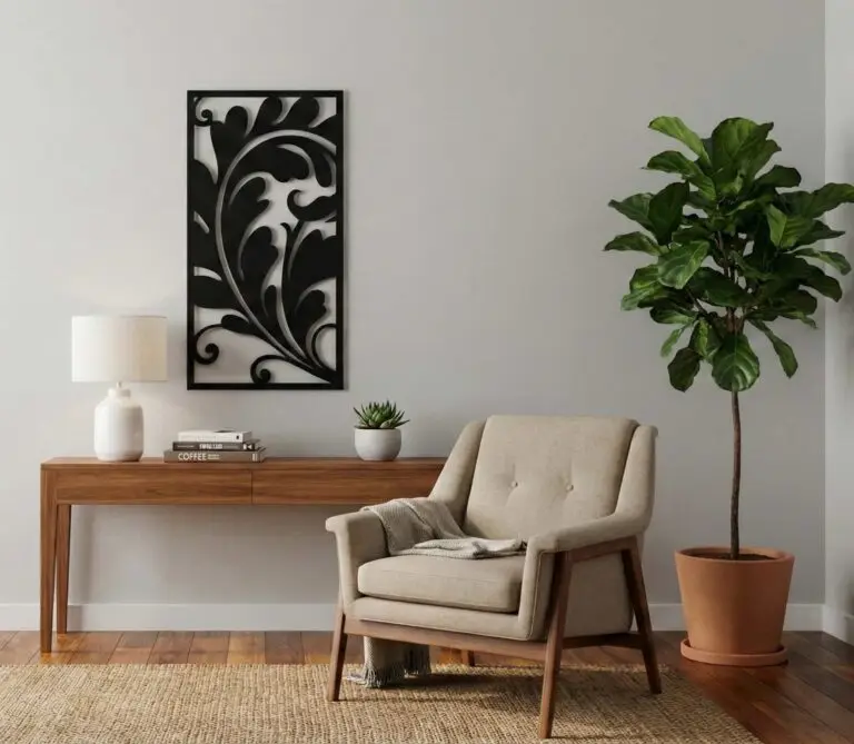 Interior design of room with a beautiful floral cnc laser-cut metal wall art powder coated in black - Moducrafts