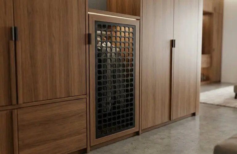 A modern interior house using a minimal design cnc laser cut metal jali as cupboard cabinet insert for wardrobe - Moducrafts