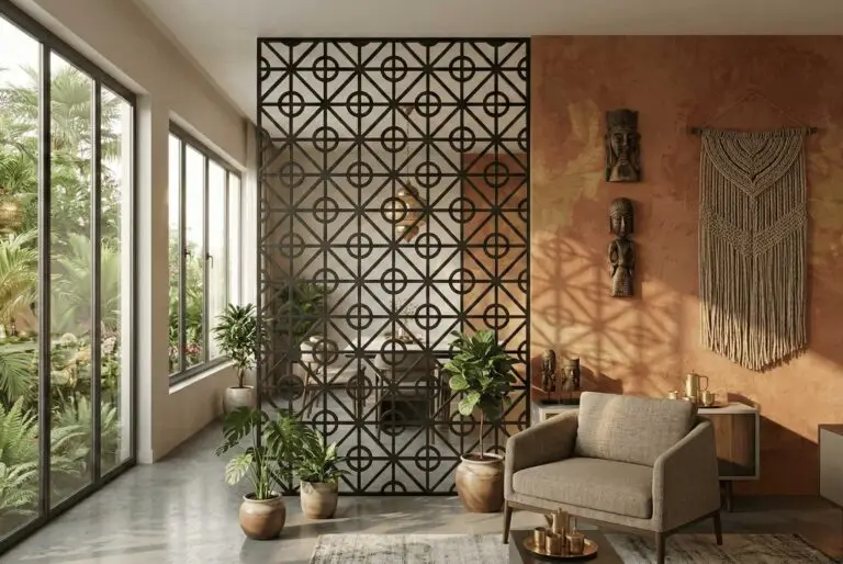 A modern house using a minimalistic cnc laser cut screen as a room divider