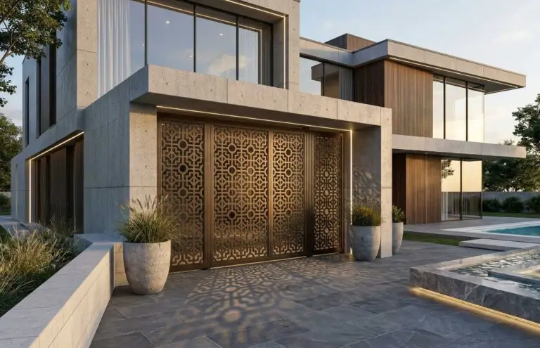 Custom laser-cut metal gate panel for residential façade – ModuCrafts